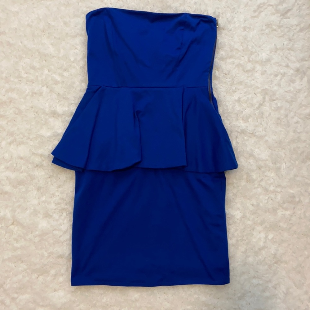 Royal blue strapless peplum dress